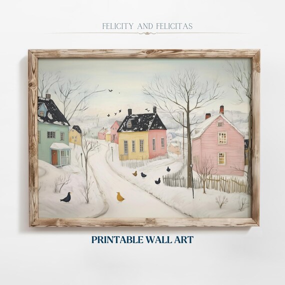 Quiet January Snowy Village Street Pastel Houses Birds Poster