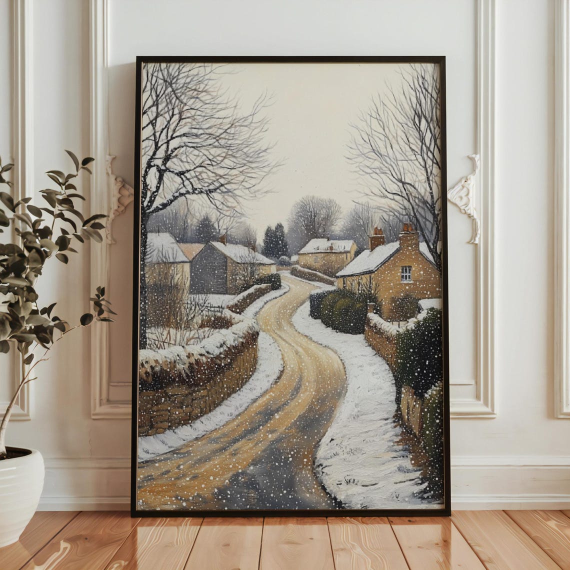 Quiet Snowy Village Lane with Cottages and Bare Trees Winter Poster - Image 5