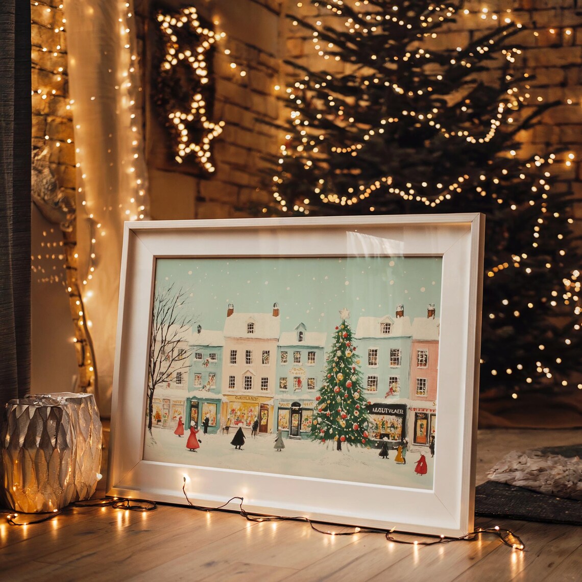 Cute Pastel Christmas Shopping Street Snowy Town Scene Poster - Image 4
