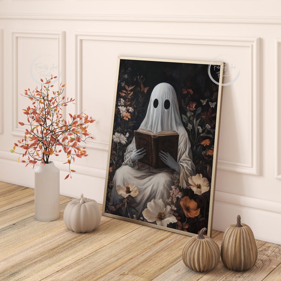 Ghost Reading Book Dark Floral Gothic Halloween Ornate Wall Art - Image 5