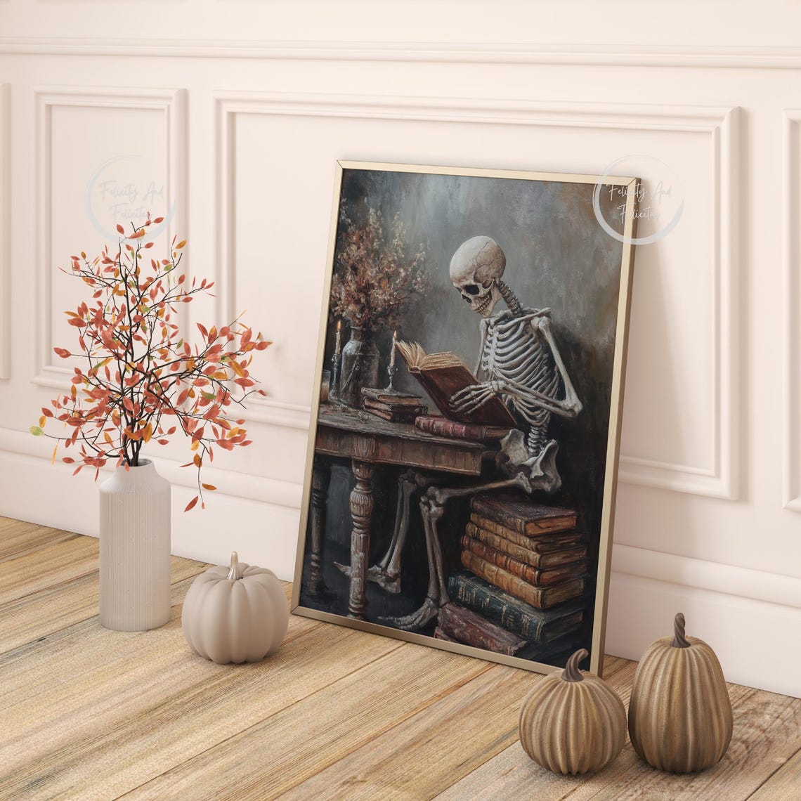 Skeleton Reading a Book by Candlelight Dark Academia Art Poster - Image 4