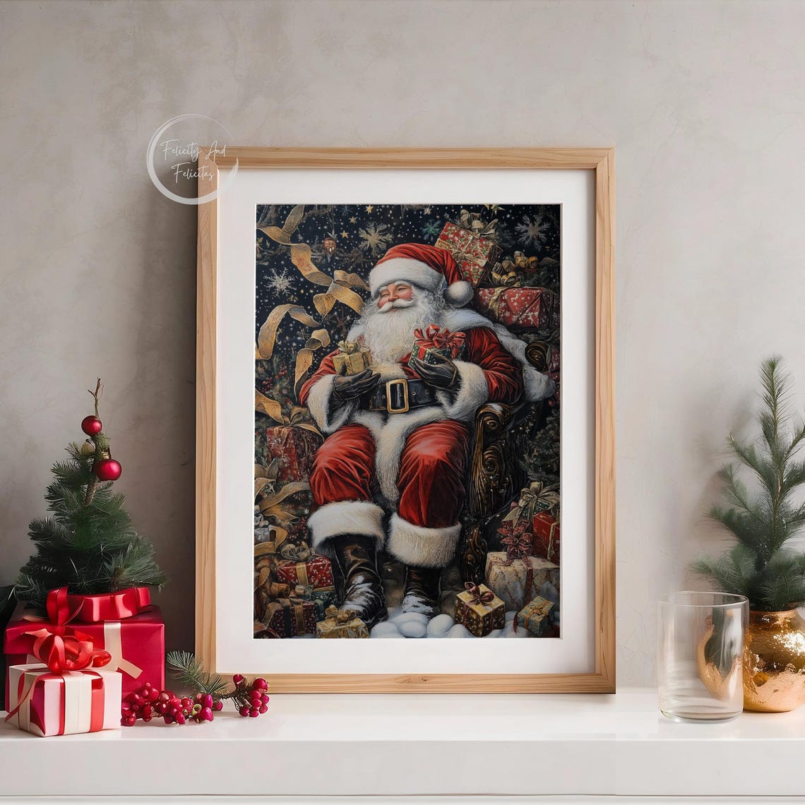 Vintage Santa Claus Holding Gifts Starry Night Christmas Wall Art - Image 5