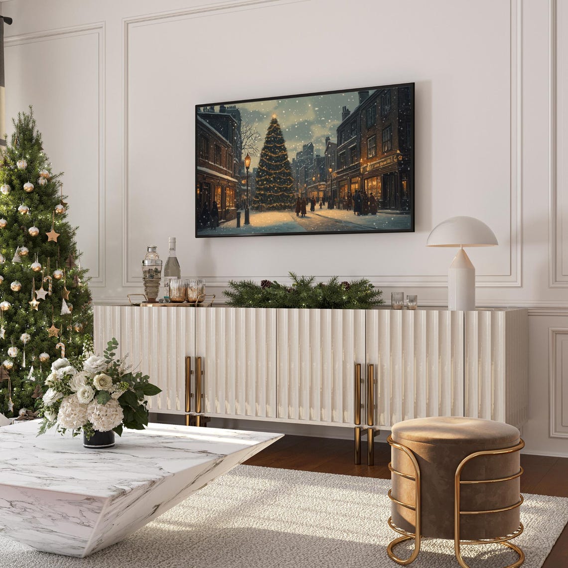 Vintage Christmas Town Square Evening Lit Tree Snowfall Poster - Image 6
