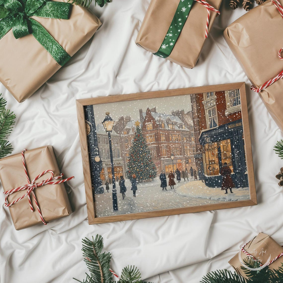 Vintage Winter Street Christmas Tree Square Shoppers Snow Poster - Image 5