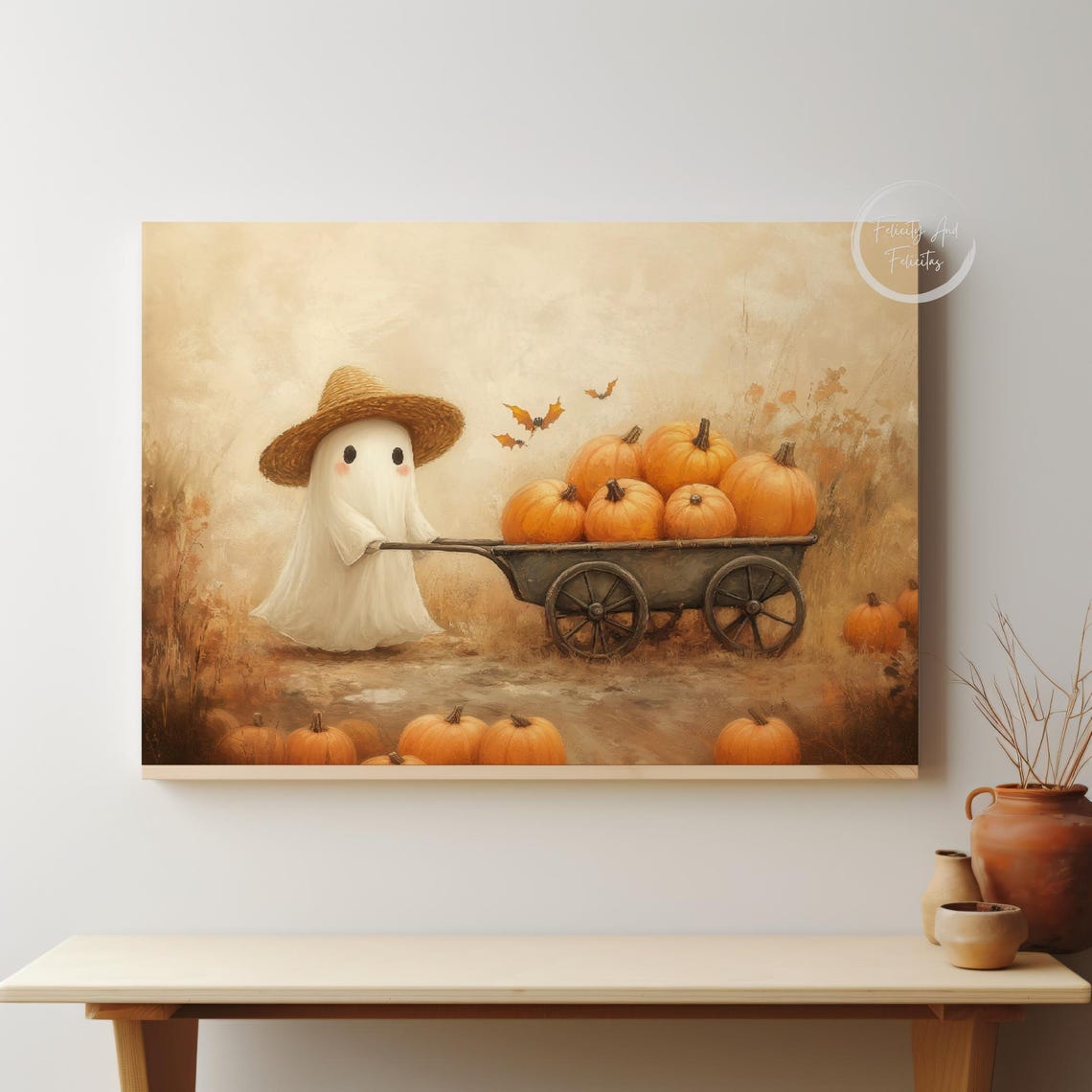 Cute Ghost Straw Hat Pushing Pumpkin Wagon Bats Halloween Wall Art - Image 5