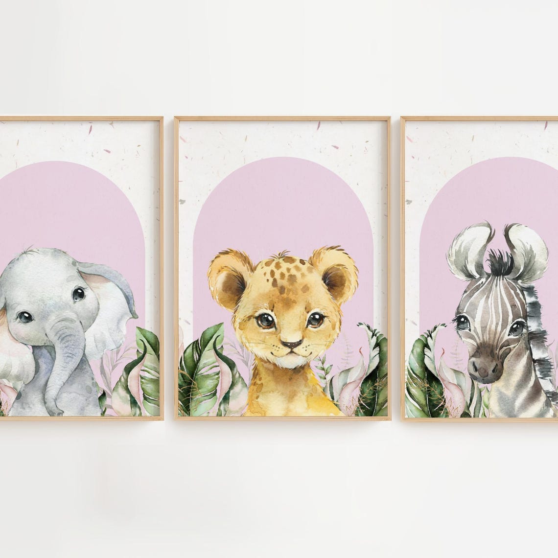 Pink Safari Nursery Set Elephant Lion Cub Zebra Kids Room Wall Art - Image 3
