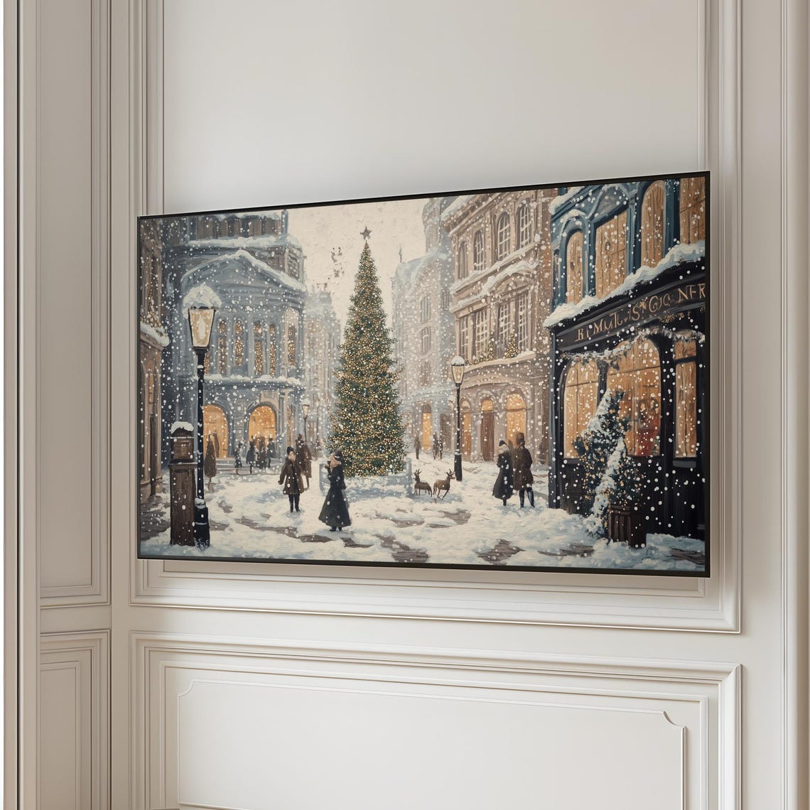 Vintage Christmas City Street Night Tall Tree Snow Scene Poster - Image 6