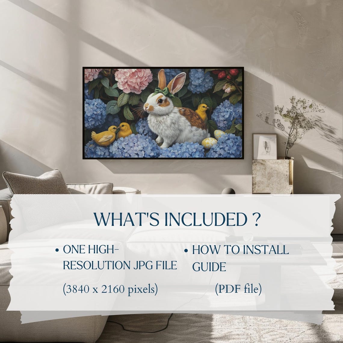 Easter Bunny Green Bow Chicks Hydrangeas Spring Frame TV Art Poster - Image 2