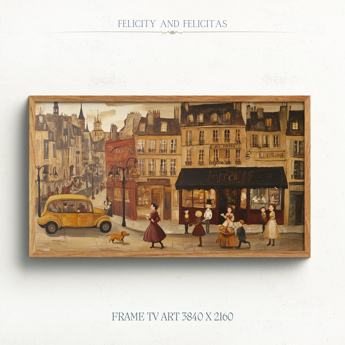 Retro European Town Street Vintage Yellow Car Daily Life Poster
