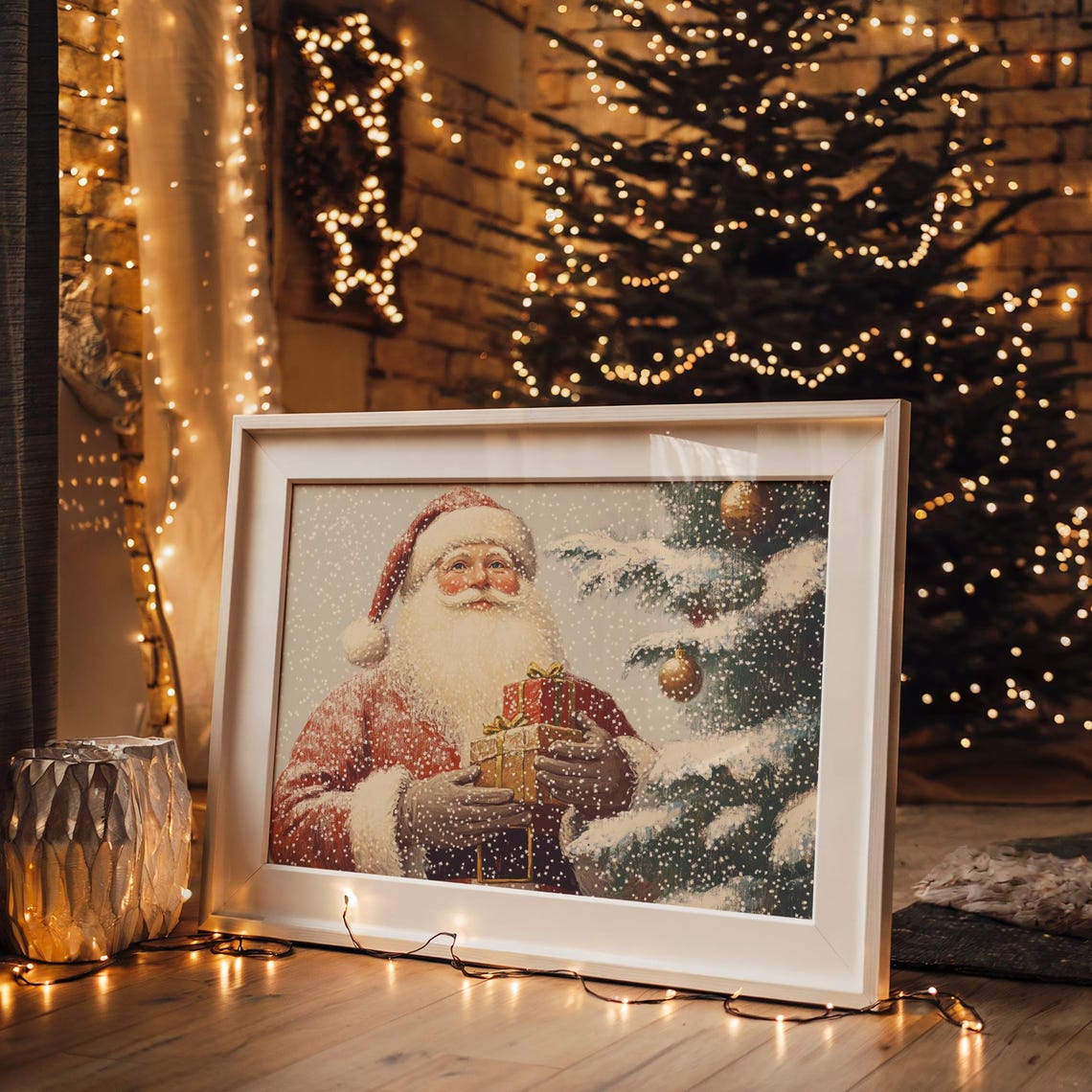 Vintage Santa Claus Holding Gifts by Snowy Christmas Tree Poster - Image 4