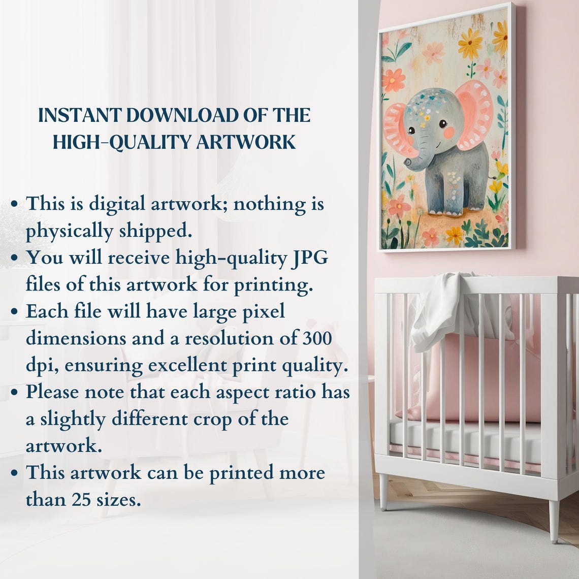 Floral Elephant with Pink Ears Daisy Meadow Nursery Wall Art - Image 2