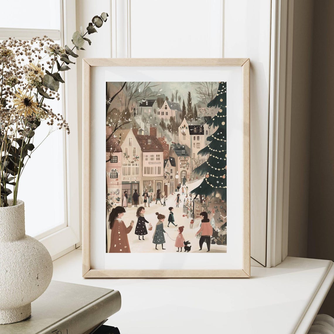 Snowy Christmas Village Square Children Shops Storybook Art Poster - Image 4