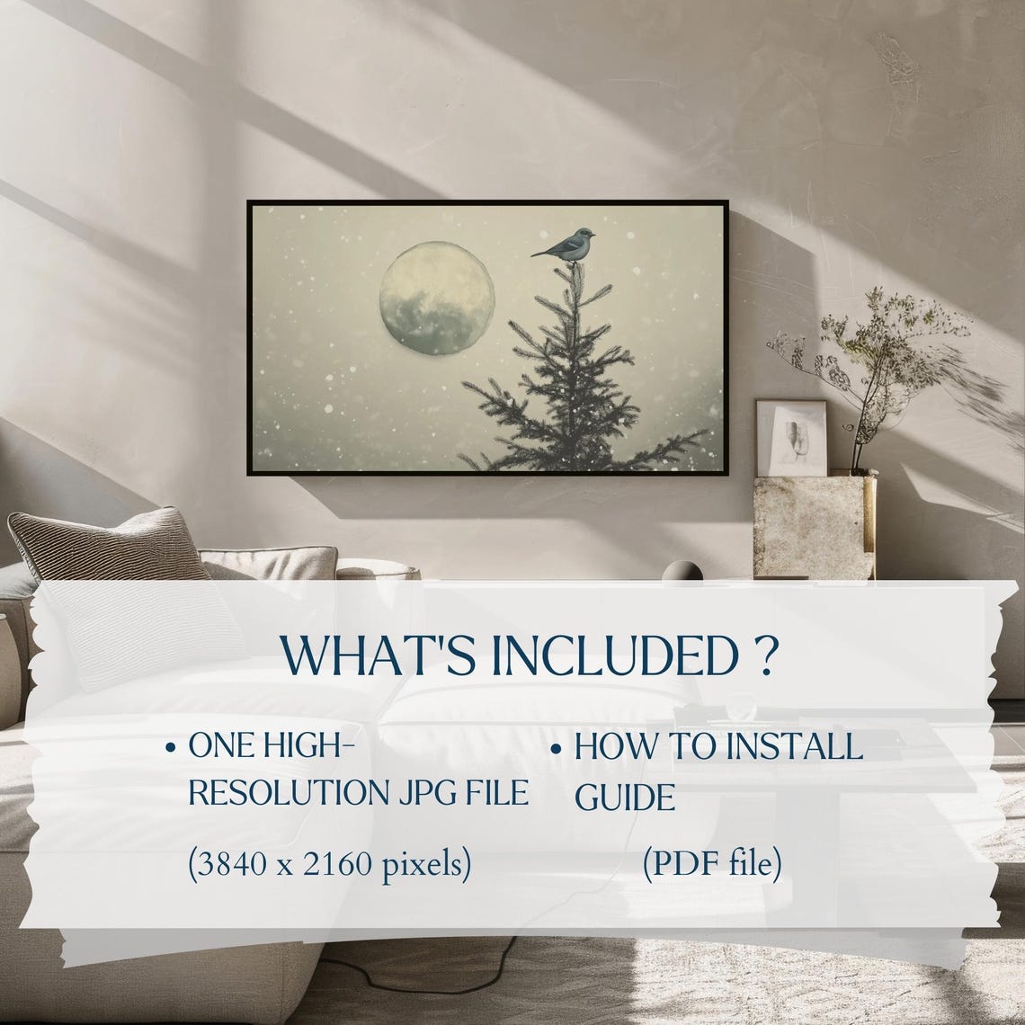 Winter Bird on Evergreen Treetop Full Moon Snowfall Scene Poster - Image 2