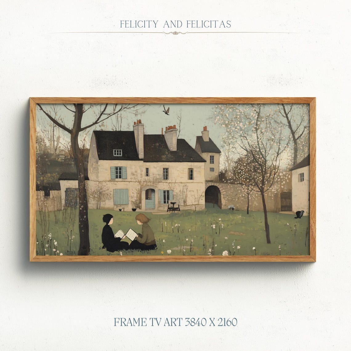 Children Reading Lawn Stone Country House Spring Tender Wall Art