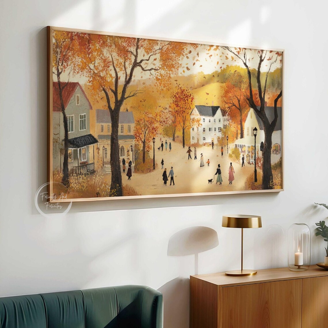 Golden Autumn Village Street Townspeople Fall Trees Scenic Poster - Image 3