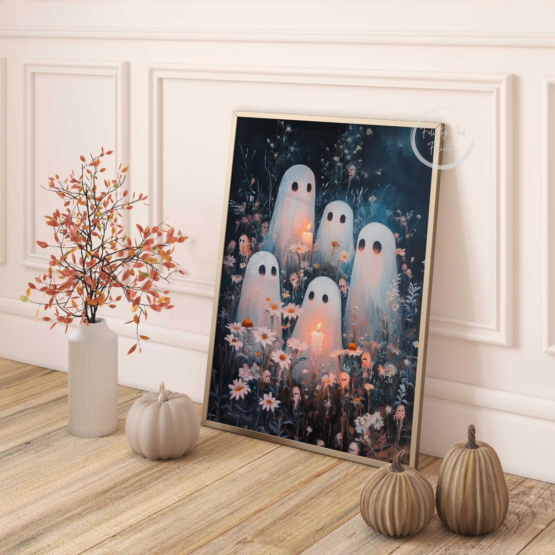 Cute Ghosts Among Flowers with Candles Spooky Night Art Poster - Image 4