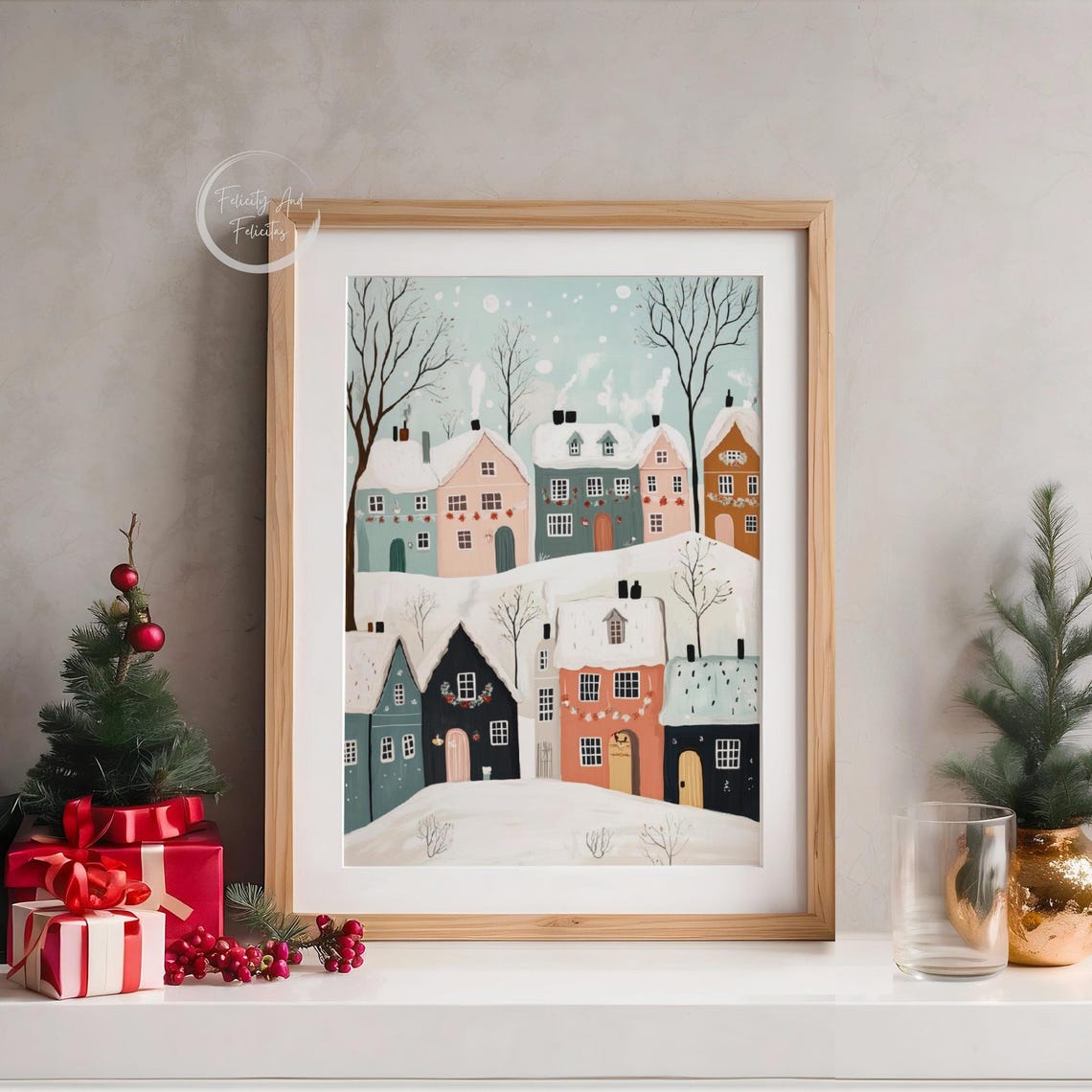 Cozy Pastel Winter Village Colorful Houses Falling Snow Poster - Image 5
