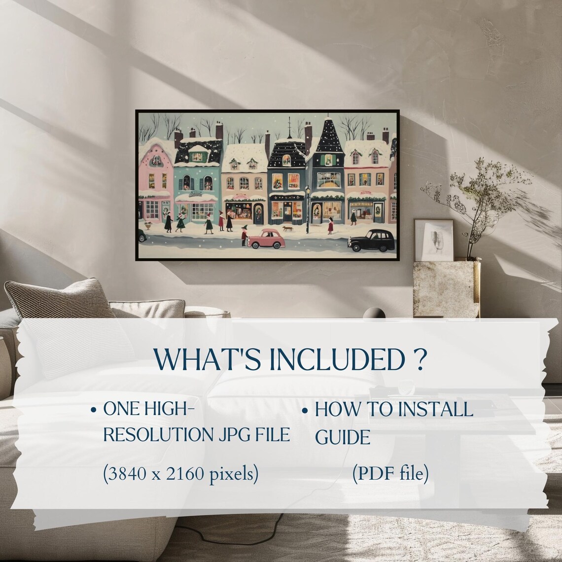 Retro Snowy Christmas Town Shops Vintage Cars Frame TV Art Poster - Image 2