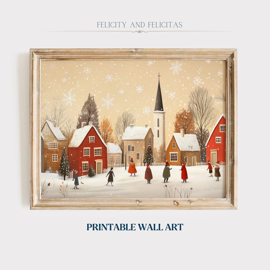 Neutral Winter Village Church Snowy Day Folk Art Scene Poster