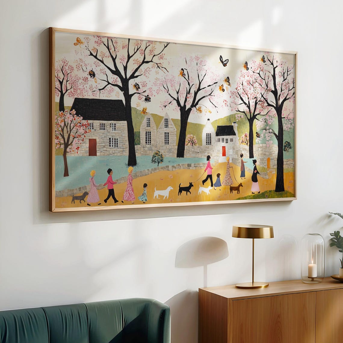 Spring Cherry Blossom Village Dog Walkers Frame TV Art Poster - Image 6