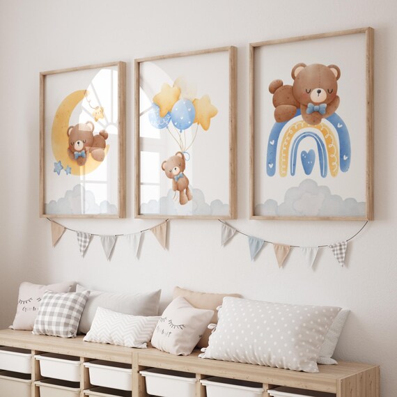 Teddy Bear Nursery Set Moon Balloons Rainbow Blue Kids Room Wall Art