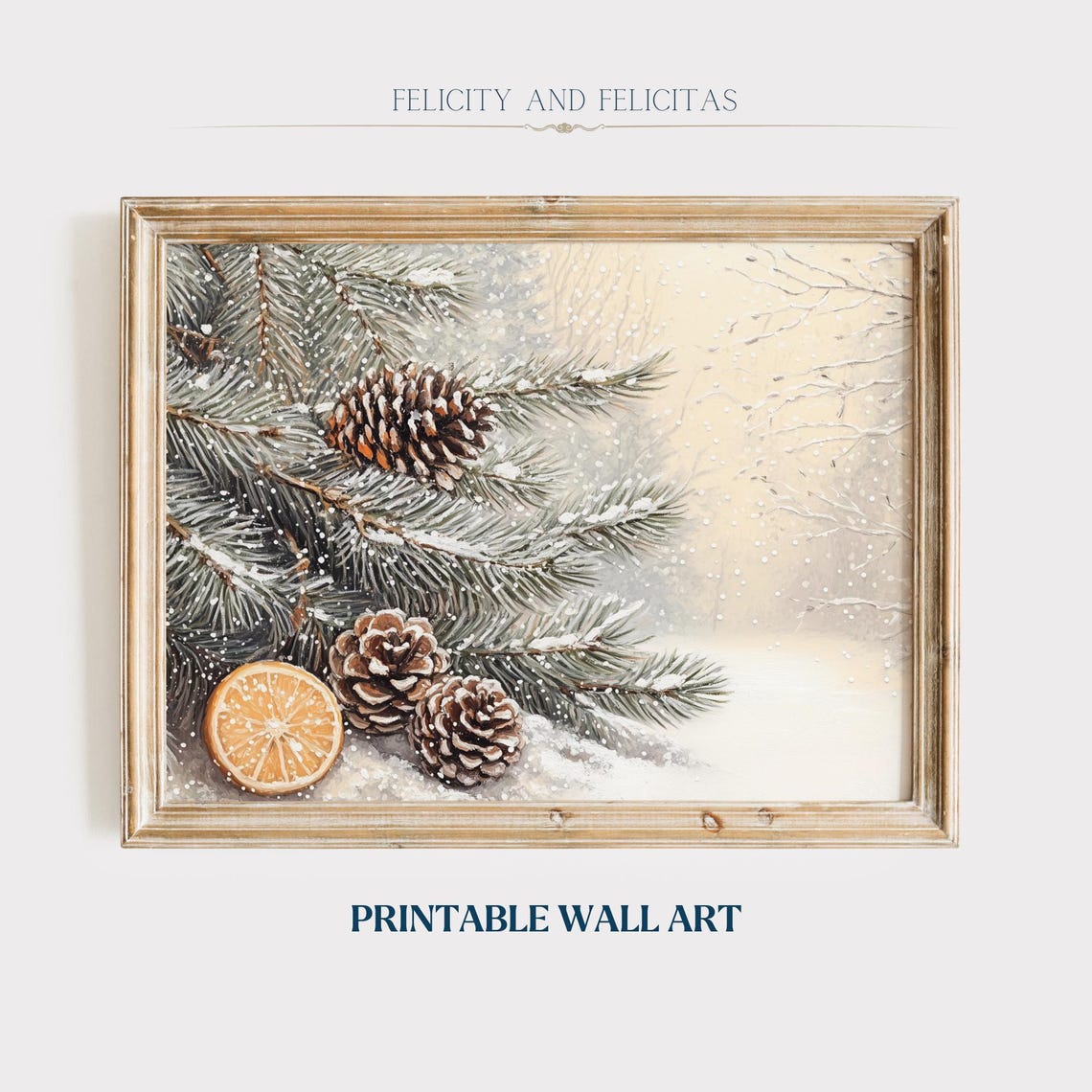 Snowy Pine Branches with Pinecones and Orange Slice Art Print