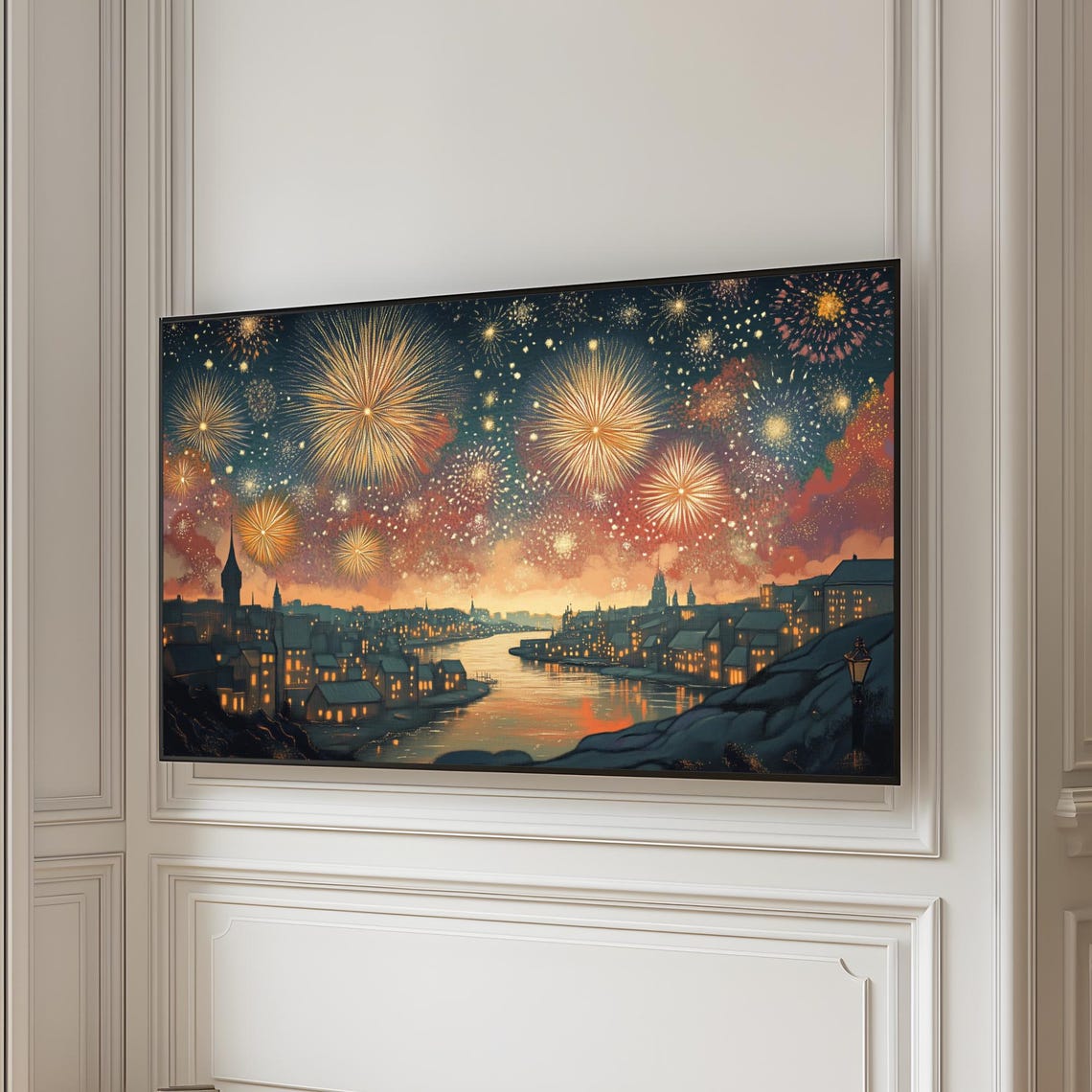 Fireworks Night Riverside Town Golden Sky Reflection Wall Art - Image 6