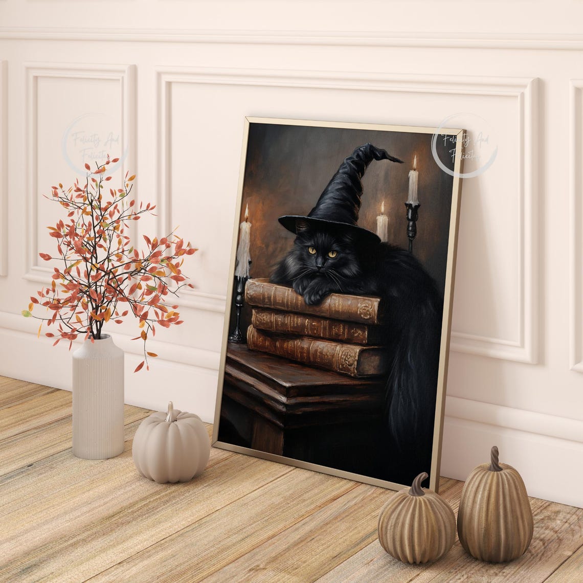 Black Cat Witch Hat Antique Books Candles Dark Halloween Wall Art - Image 4
