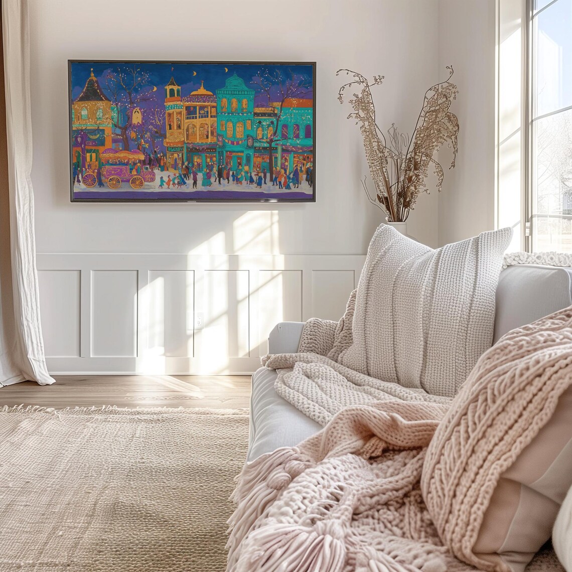 Teal and Gold Night Town Festival Carriage Frame TV Art Poster - Image 6
