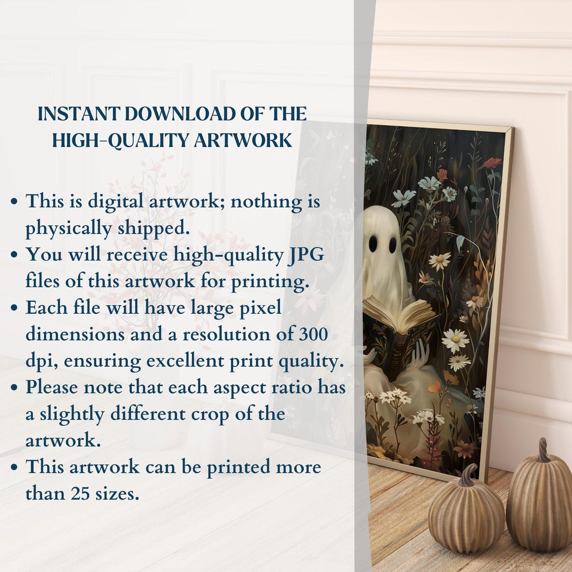 Cute Ghost Reading Book Among Dark Flowers Halloween Wall Art - Image 3