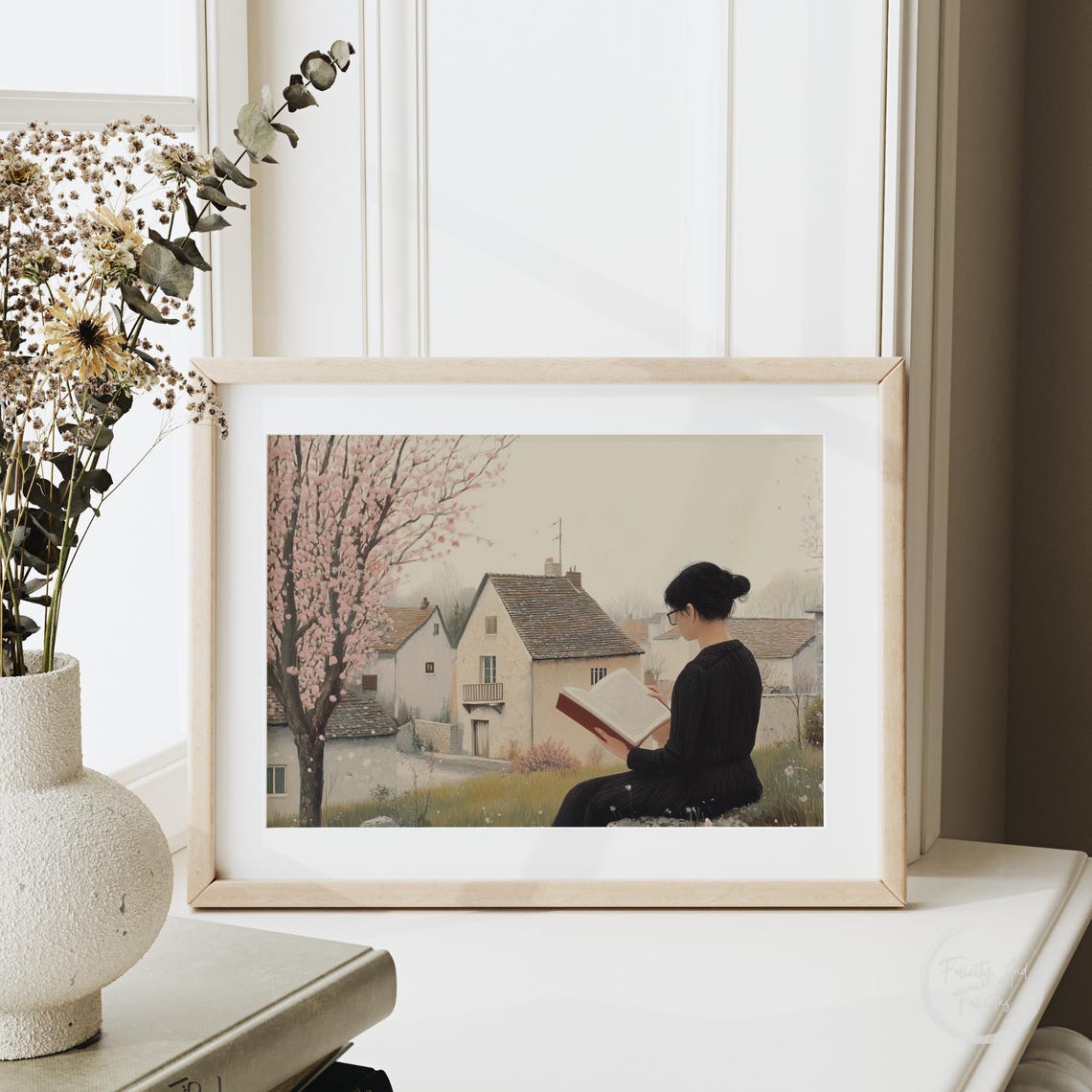 Woman Reading Book Under Blossoming Tree Spring Village Poster - Image 5