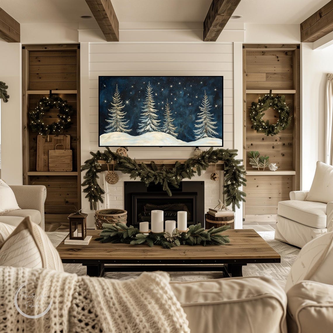 Snowy Pine Trees Starry Night Sky Winter Forest Serene Wall Art - Image 3