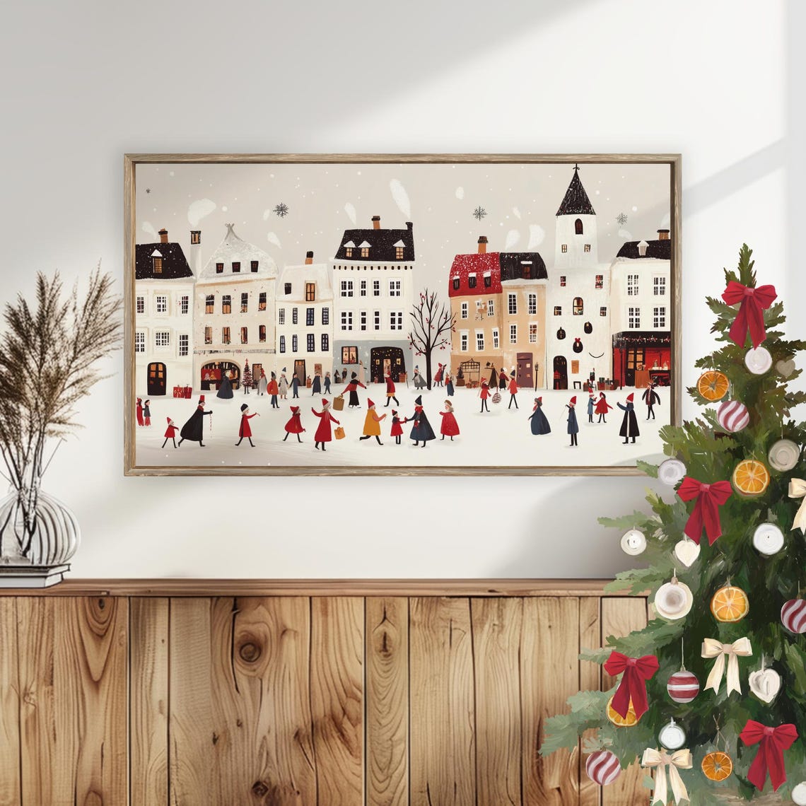 Retro Winter Town Square Red Cloaks Church Snow Charming Wall Art - Image 5