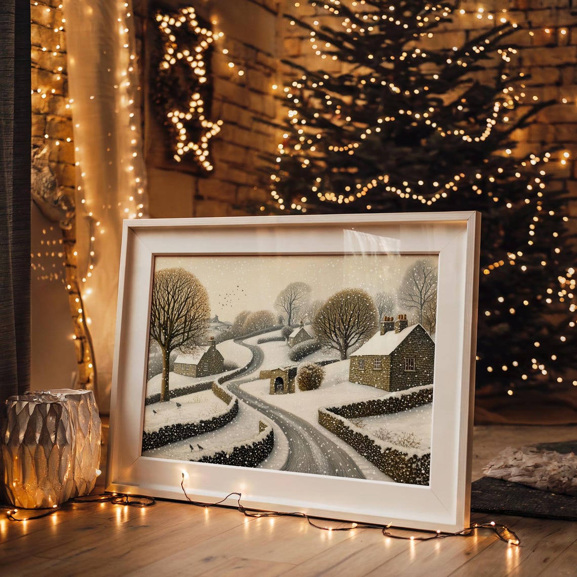 Snowy Village Road with Stone Cottages in Falling Snow Art Poster - Image 4