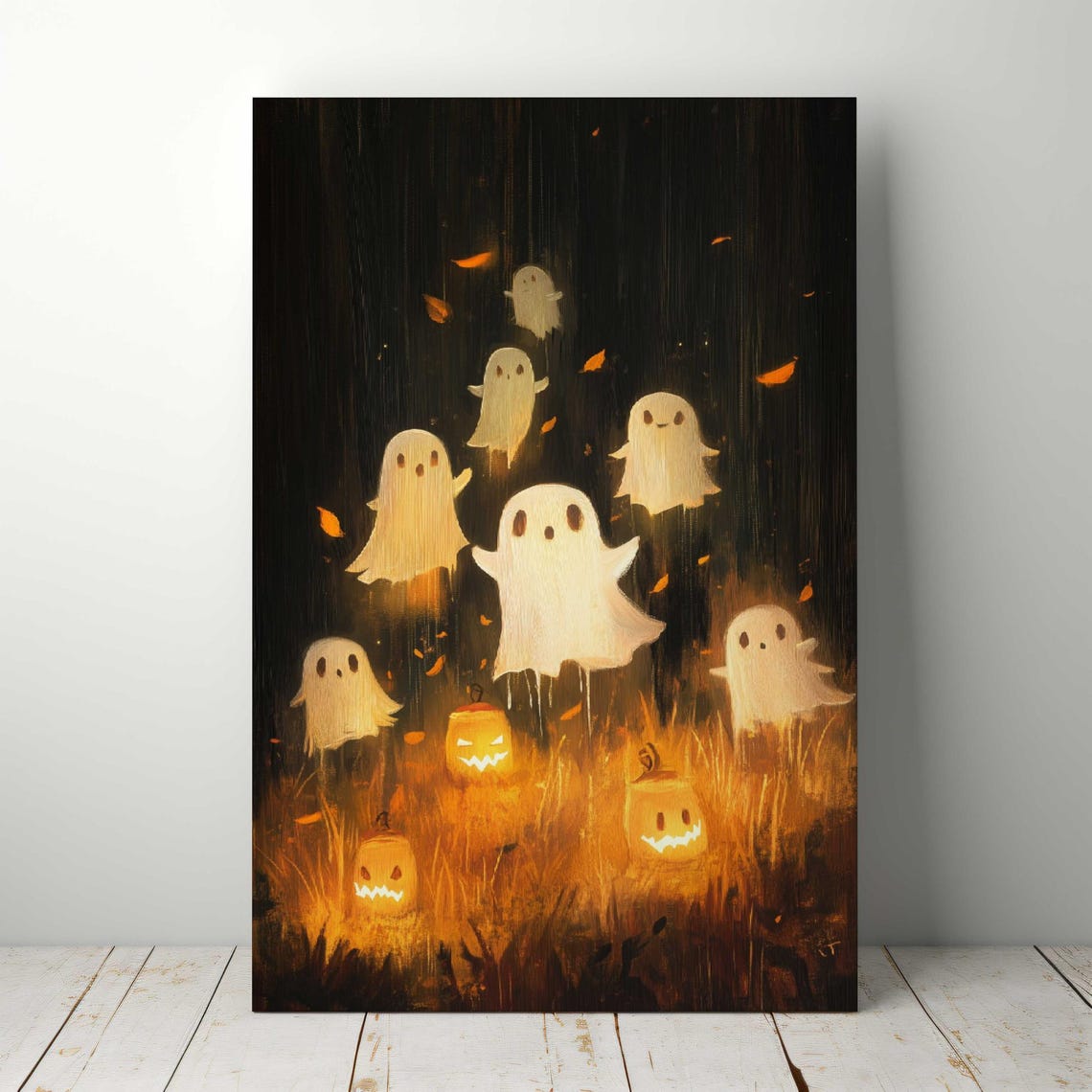 Cute Glowing Ghosts with Jack O Lanterns in Night Field Poster - Image 5