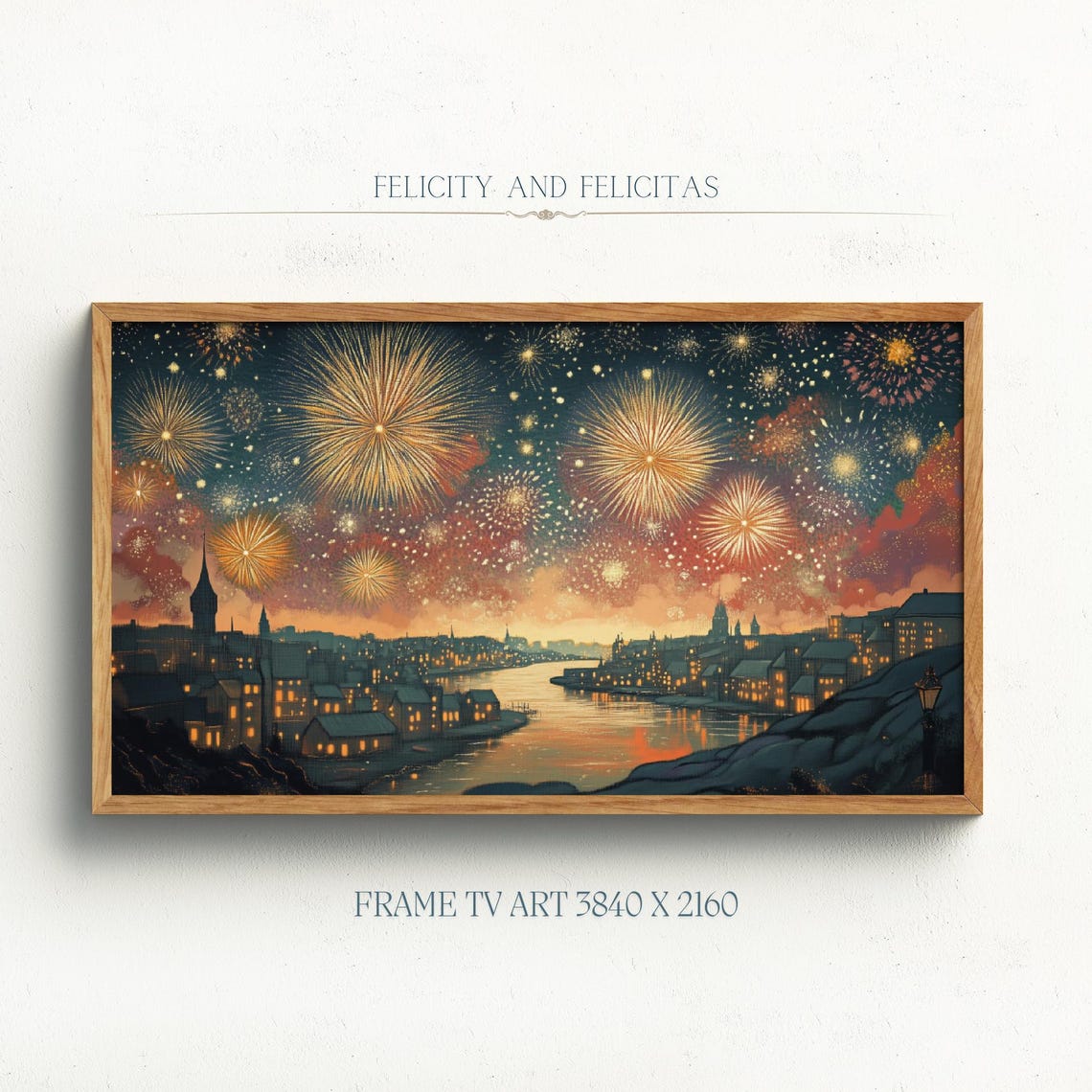 Fireworks Night Riverside Town Golden Sky Reflection Wall Art