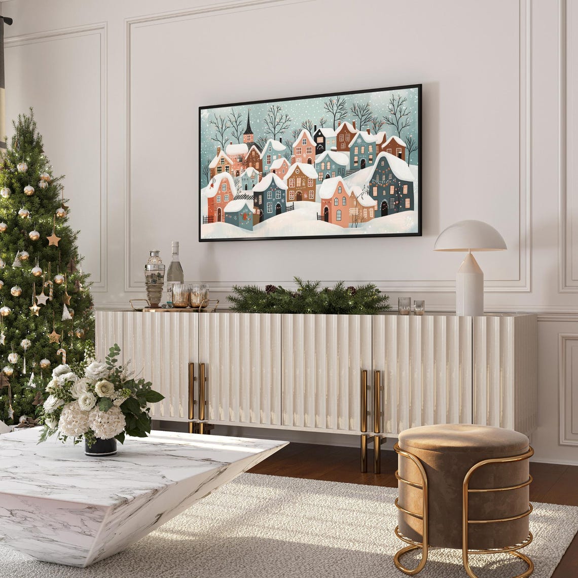 Cute Pastel Winter Village Illustration Snowy Town Scene Poster - Image 6