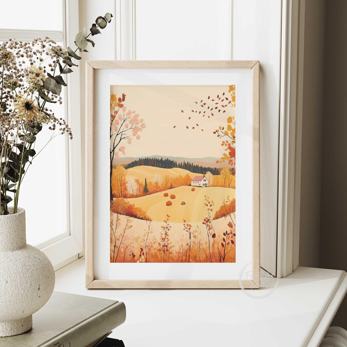 Golden Autumn Farm Landscape Hay Bales Pumpkins Farmhouse Poster - Image 6