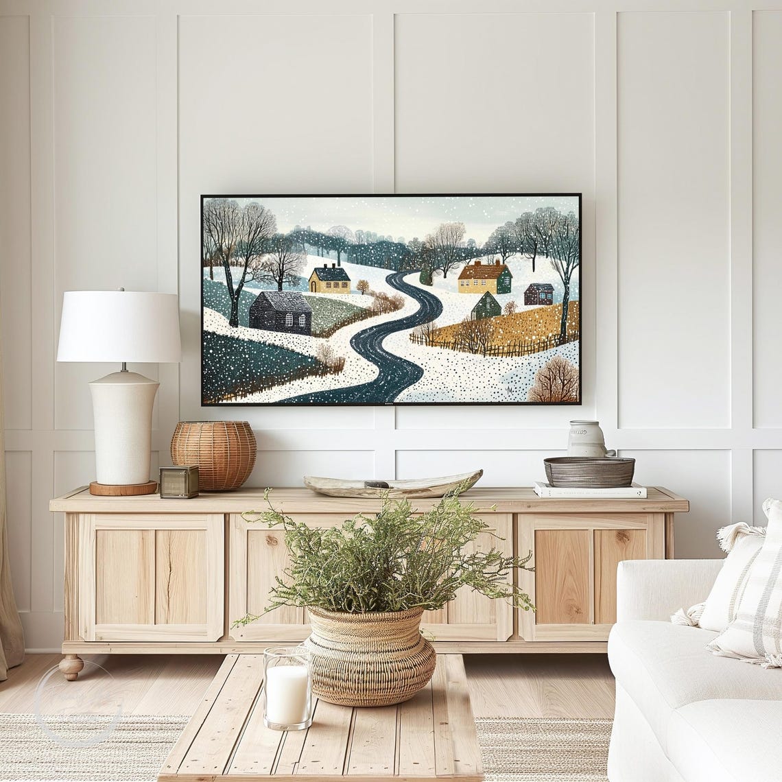 Snowy Countryside Winding Road Cottages Dot Texture Winter Poster - Image 3