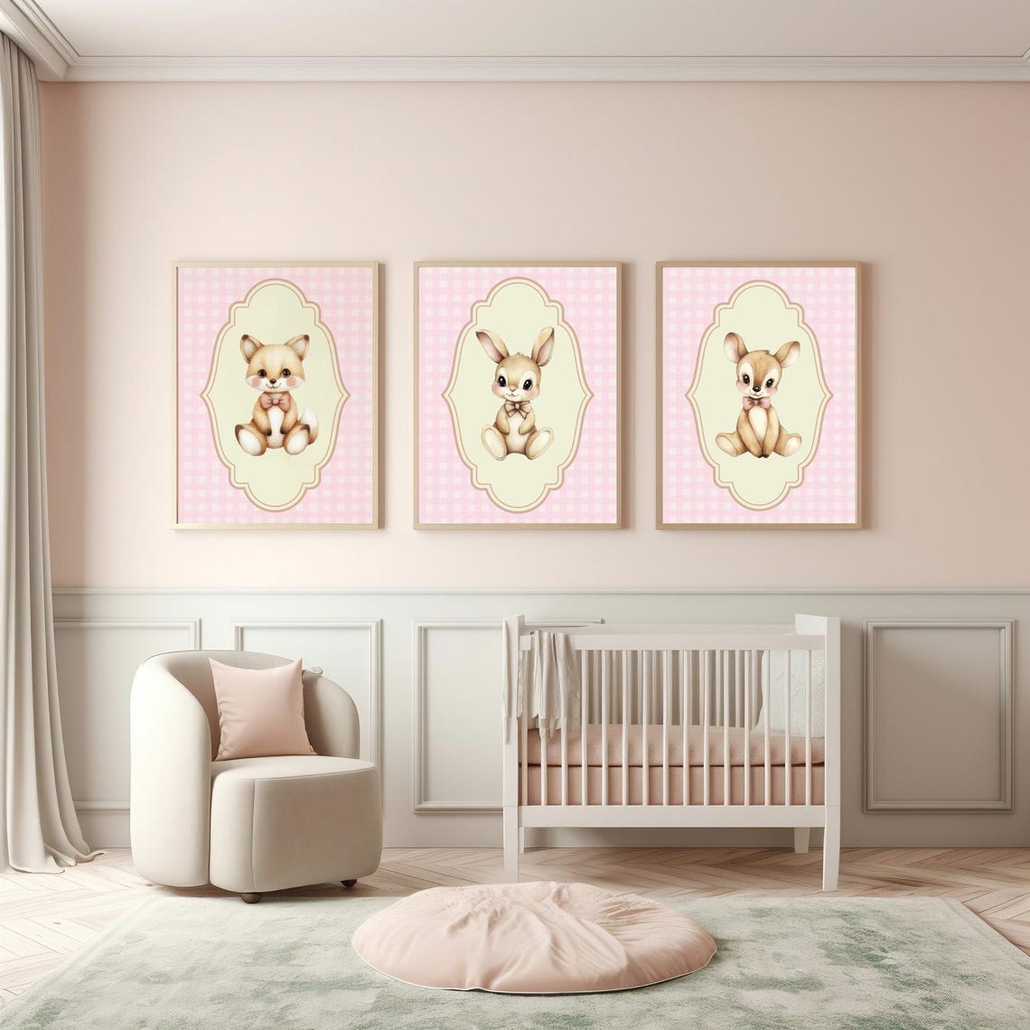 Pink Gingham Nursery Set Cat Bunny Fawn with Bows Girl Room Wall Art - Image 4