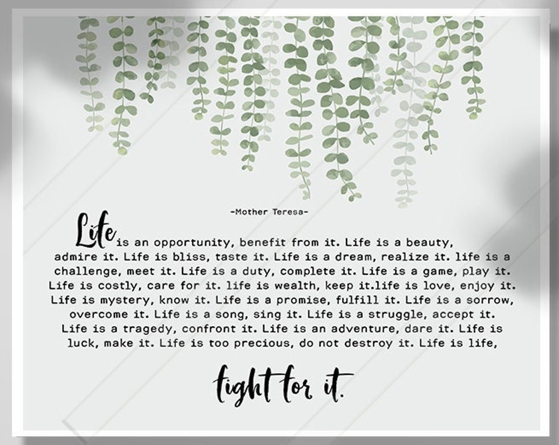 Mother Teresa Life Is An Opportunity Eucalyptus Quote Wall Art