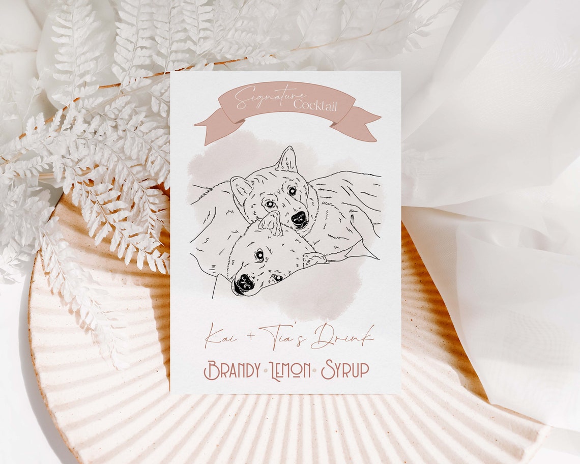 Signature Cocktail Bar Menu with Two Dogs Line Art Wedding Poster