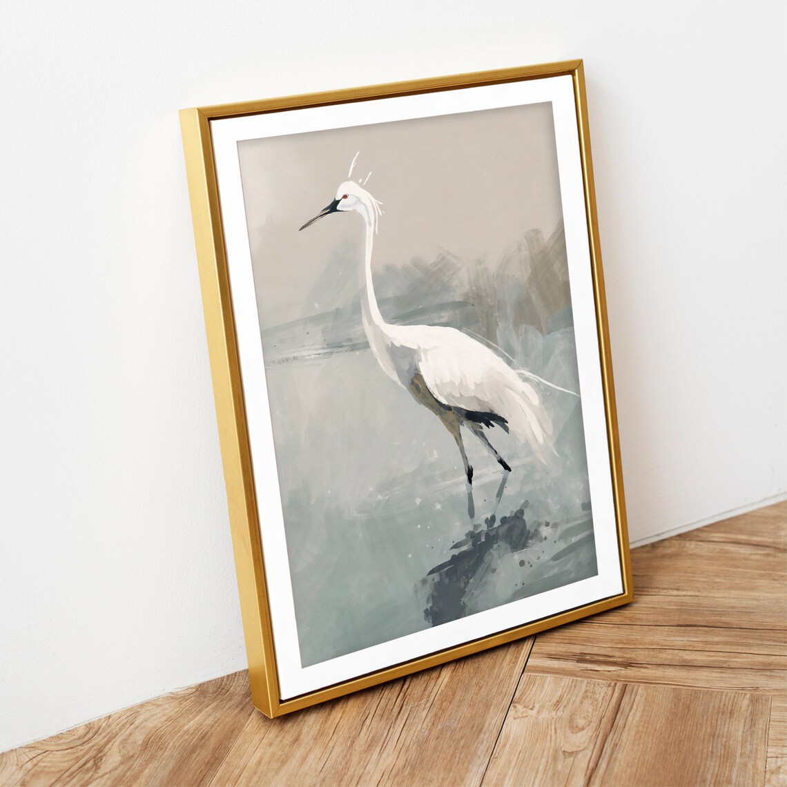 White Crane Art Print, Bird Painting Wall Art - Image 2