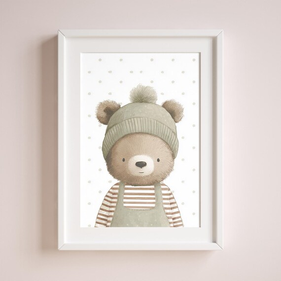 Teddy Bear in Green Pom Pom Hat and Overalls Cute Baby Room Wall Art