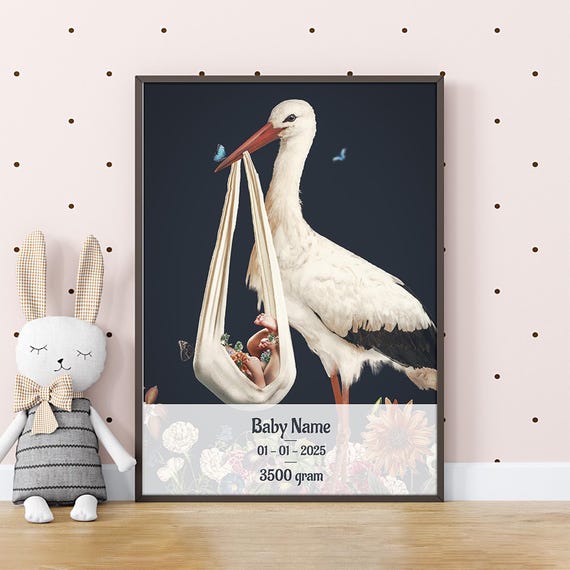 Personalized Baby Name Poster Nursery Decor Wall Art With Stork And Birth Stats For Newborns Gift Parents