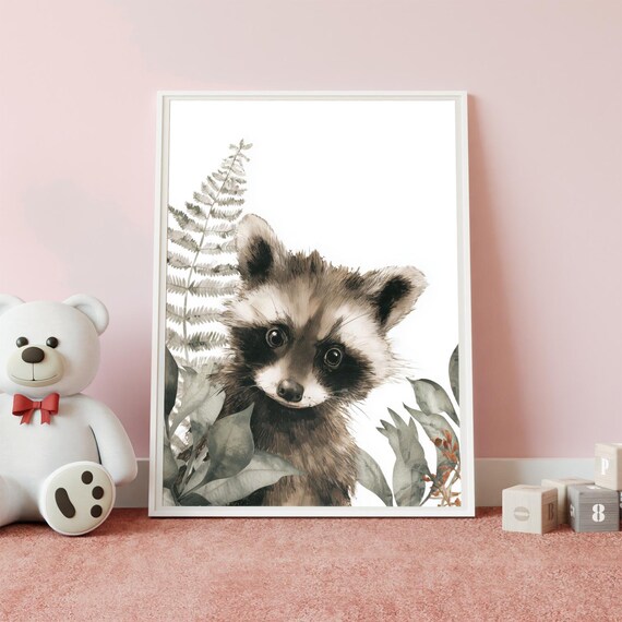 Cute Baby Raccoon Watercolor Nursery Decor Kids Room Art Poster