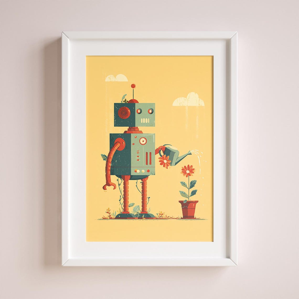 Retro Robot Watering Flower Nursery Poster Cute Vintage Robot Kids Art