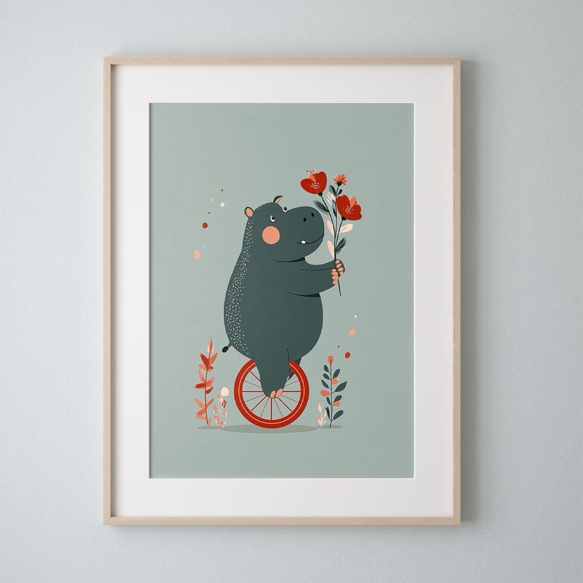 Cute Hippo Riding Unicycle with Flowers Baby Nursery Wall Art