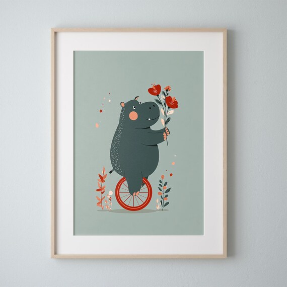 Cute Hippo Riding Unicycle with Flowers Baby Nursery Wall Art