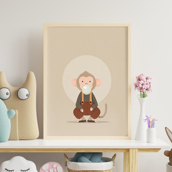 Monkey Blowing Bubblegum Bubble Cute Nursery Print For Kids Room